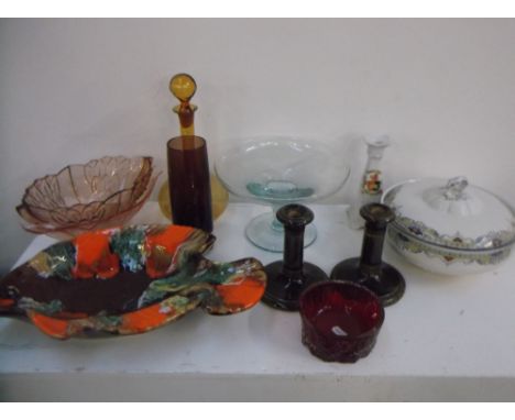 A quantity of glass and ceramics to include two vintage pink glass oval bowls, three large Adderleys 'Bickley' vegetable ture