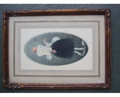 Portrait of a woman feeding birds in the snow, signed print, indistinctly signed lower right, framed, mounted and glazed, 28 