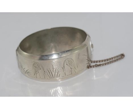 Vintage sterling silver hinged bracelet with cranes, marked inside H.W. Sterling Silver FRONTS