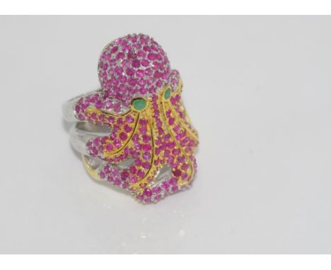 Sterling silver, emerald and ruby octopus ring size: R1/2