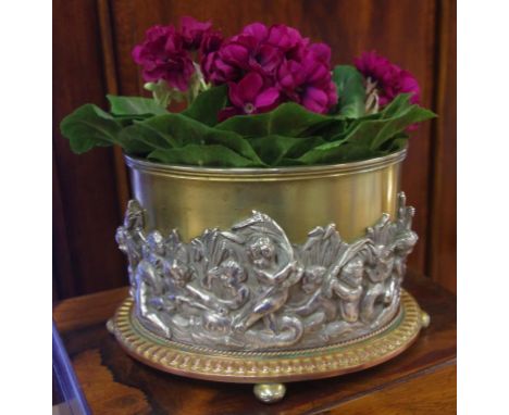 C19th brass & electroplate planter decorated with cherubs, dolphins & bullrushes, 22cm wide approx.