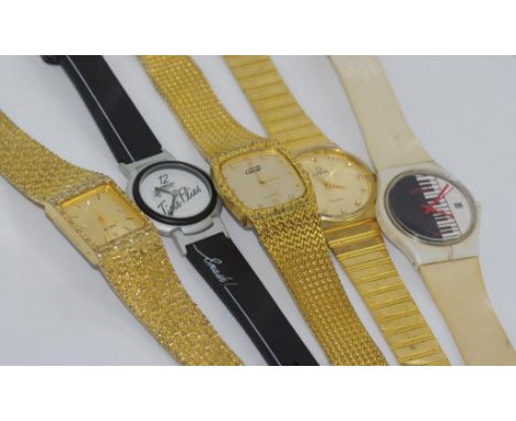 Five various fashion watches including watch marked "Gucci" together with a vintage vrooch