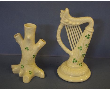 Belleek "Shamrock" harp figurine and a vase H21.5cm approx (tallest)