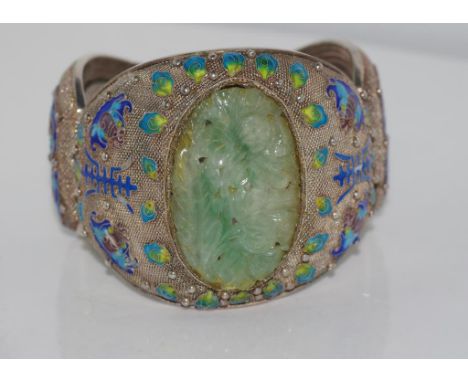 Chinese filigree silver bracelet with enamel and carved stone