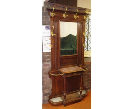 Antique French oak mirror back hallstand with drawer and marble shelf, one hook missing, 101cm wide, 201cm high