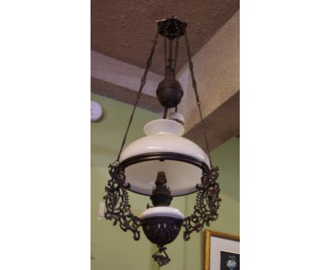 Vintage Dutch style hanging oil lamp with later electric conversions, H88cm approx