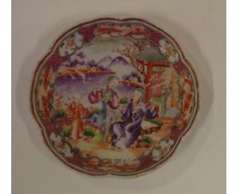 Late 18th century Chinese porcelain teapot stand with multi colour decoration depicting figures by a mountain lake, 12.4cm di