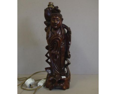 Chinese 1920s carved timber electric  table lamp some minor cracking to body, 45cm high