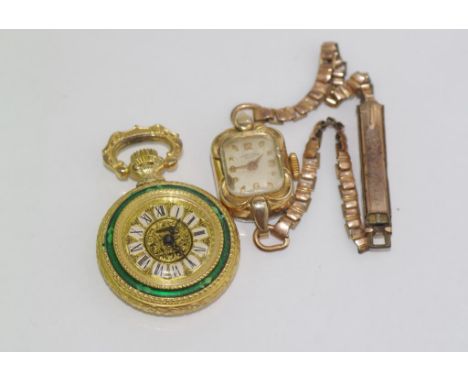 Vintage Hudson ladies open face pocket watch with a Vintage ladies Swiss Favre Leuba wristwatch rolled gold, not working when