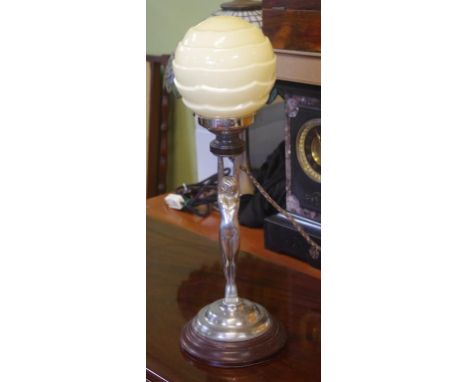 Art Deco chrome electric 'Diana' lamp with round cream coloured glass shade, 51cm high