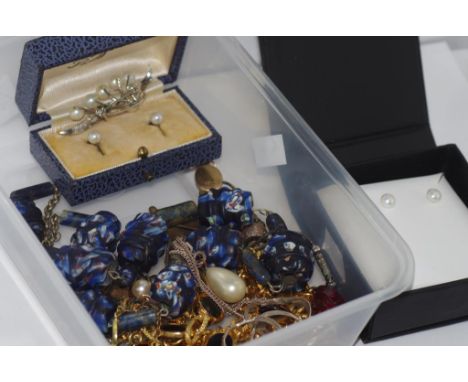 Costume necklaces together with screw on silver and pearl earrings, pearl brooch, vintage Australia/boomerang brooch etc