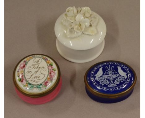 Two Bilston and Battersea enamel boxes together with a Royal Crown Staffordshire floral top trinket box