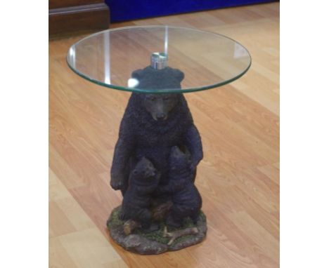 Round glass top lamp table with bear & cubs form base, 50cm diameter, 58cm high approx