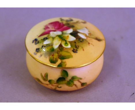 Royal Worcester blush ivory trinket box hand decorated, 6.5cm diameter approx.