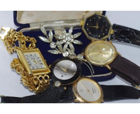 Five various fashion watches including watch marked "Gucci" together with a vintage brooch