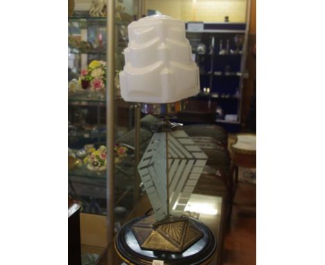 French art deco electric lamp by Brevete Depose, with geometric glass and cast metal base, 43cm high
