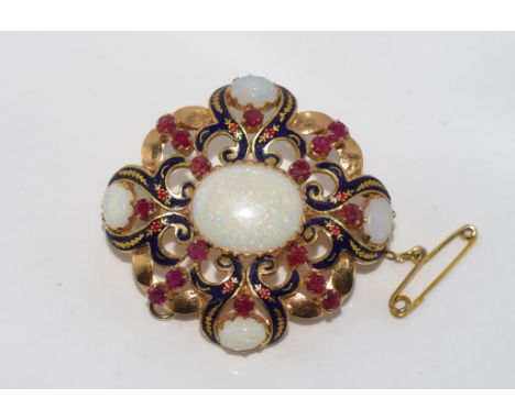 14ct yellow gold, enamel, opal & red stone brooch with safety chain. Could also be worn as a pendant, weight: approx 13 grams