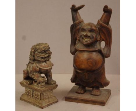 Vintage Chinese carved timber dog of foo together with a Chinese carved timber happy Buddha (A/F), H27cm approx