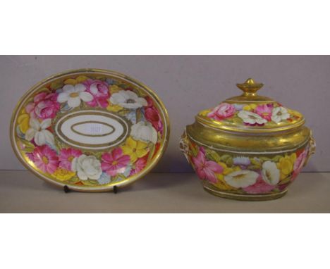 John Rose Coalport teapot stand brightly painted with flowers, circa 1810, together with matching covered sugar  box, Ex: Moo