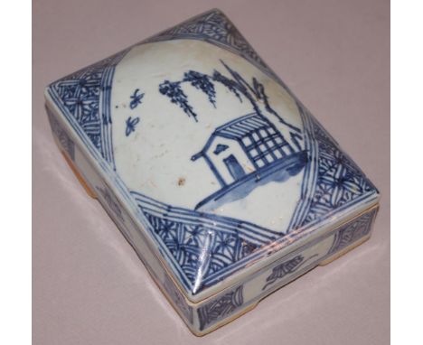 Chinese Chen-lung blue & white seal box 7cm high, 15cm wide, with fitted perspex stand