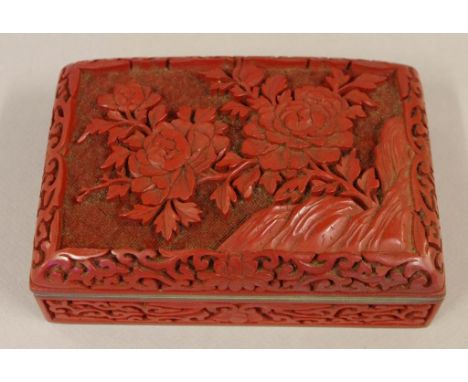 Chinese Cinnabar lacquer trinket box with enamel interior, 15cm X 10cm approx