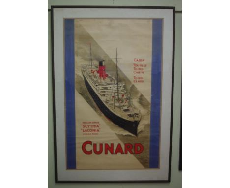 Vintage Cunard framed ocean liner poster promoting the 1920's vessels Scythia and Laconia, 114cm x 77cm (frame)