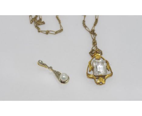 18ct yellow gold pearl & diamond pendant with another vintage pendant