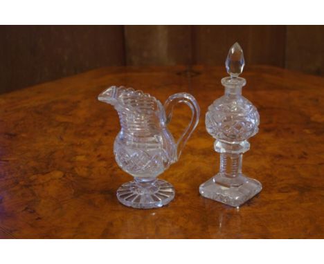 Good Georgian step cut glass jug together with a Georgian perfume bottle, perfume bottle base a/f