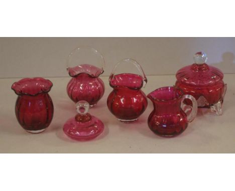 Five antique & vintage ruby glass pieces & a spare lid