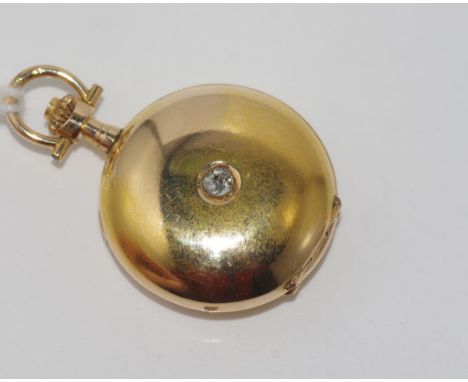 Ladies full hunter 14ct gold &diamond pocket watch with enamel face, weight: approx 16.9 grams, size: approx 3.5cm including 