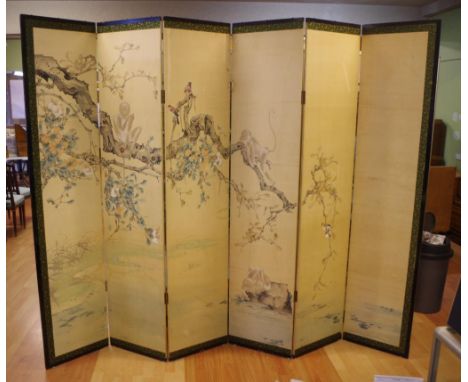Large vintage Japanese 6 panel screen 214cm high, each panel 45cm wide