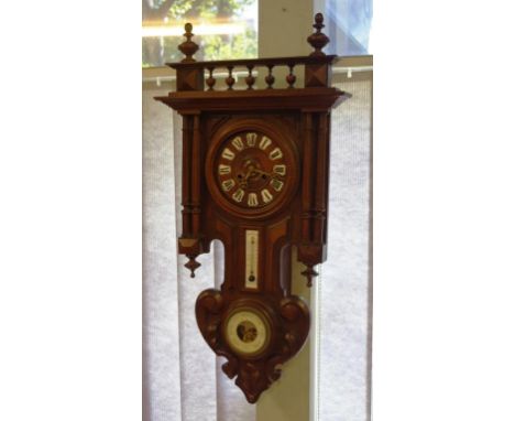Antique French wall clock weather station with 8 day striking movement, thermometer and aneroid  barometer (glass cracked) in