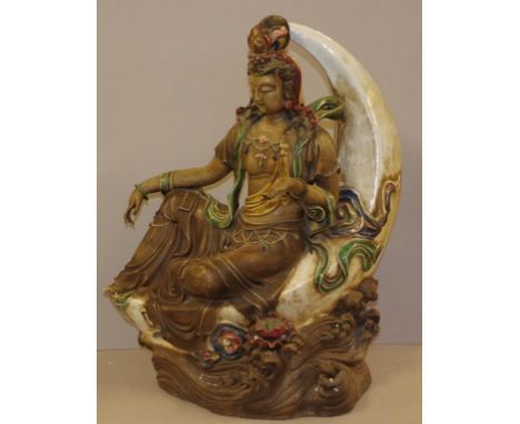 Large Chinese Kuan yin on crescent moon statue (the goddess of passion and healing), stamped to back, H57cm approx