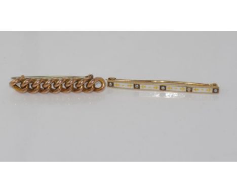 Two vintage 9ct gold brooches one chain style and one with white enamel and pearls, weight: approx 6.5 grams