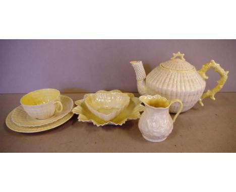 Part Belleek teaset to include teapot, trio, creamer, sugar and dish, with green marks to base