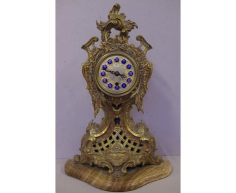 Roccoco style brass & enamel mantle clock with key, 41cm high approx.