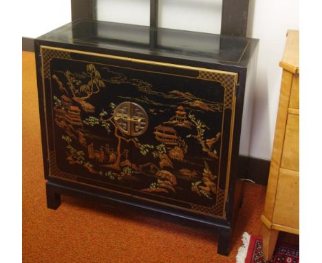 Chinese black laquered cabinet with inside shelf, 76cm wide, 33cm deep, 74cm high