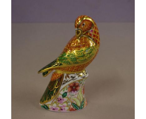 Royal Crown Derby "Sun Parakeet" paperweight with gold button seal to base,15 cm high approx.
