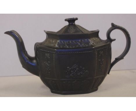 Early black basalt English teapot Castleford style, circa 1790-1820