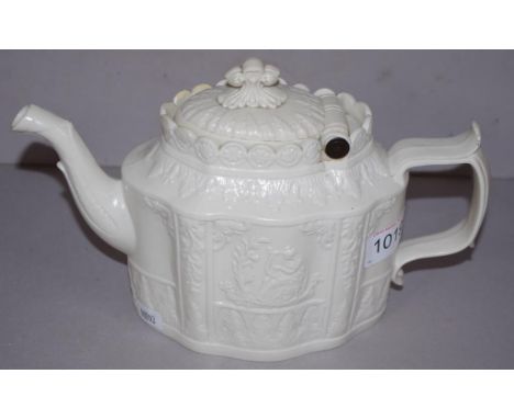 Early 19th century white salt glazed teapot in Castleford style, restoration to top rim, 25cm wide approx