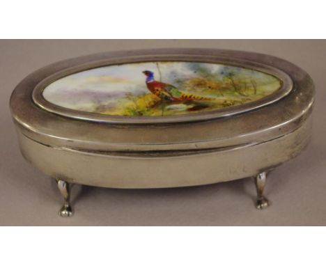 Sterling silver footed trinket box with handpainted Royal Worcester pheasant ceramic insert, signed Jas Stinton, hallmarked B