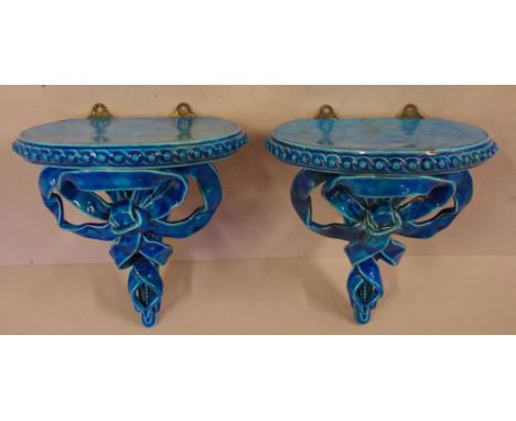 Pair of Victorian blue glaze ceramic wall brackets with decorative ribbon base, H17cm approx