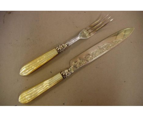 Sterling silver & MOP knife and fork Birmingham 1861, 26cm long approx (knife)
