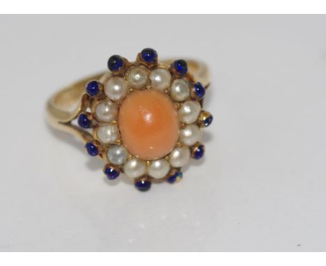 9ct yellow gold, coral, pearl & blue enamel ring weight: approx 4.8 grams, size: M/6