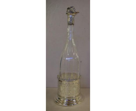 19th century mallet shaped decanter with sterling silver collar spout top hallmarked 19th century, with later silver plated c