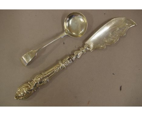 Antique silver fiddle pattern ladle & butter knife Exeter 1875, maker Josiah Williams & Co (ladle), Birmingham 1849, maker Hi