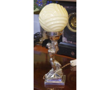Art Deco chrome electric Lady lamp with round cream coloured glass shade, 38cm high approx