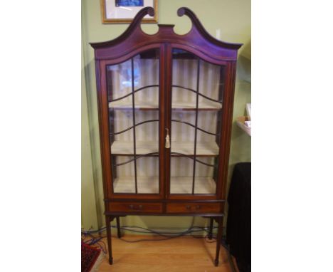 Sheraton revival mahogany display cabinet late Victorian, with swan neck pediment, 91cm wide, 35.5cm deep, 185cm high