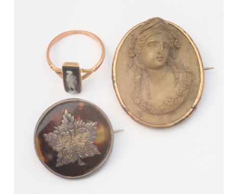Victorian oval relief carved lava cameo brooch, tortoiseshell and silver brooch, and a Jasper panel ring   Condition - lava c