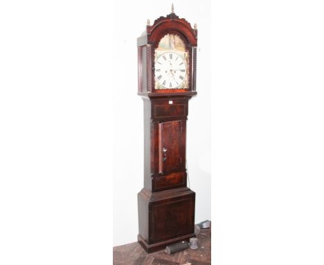 Early 19th century mahogany long cased clock with arch painted dial signed Kerner of Poole with arched and painted dial and 8